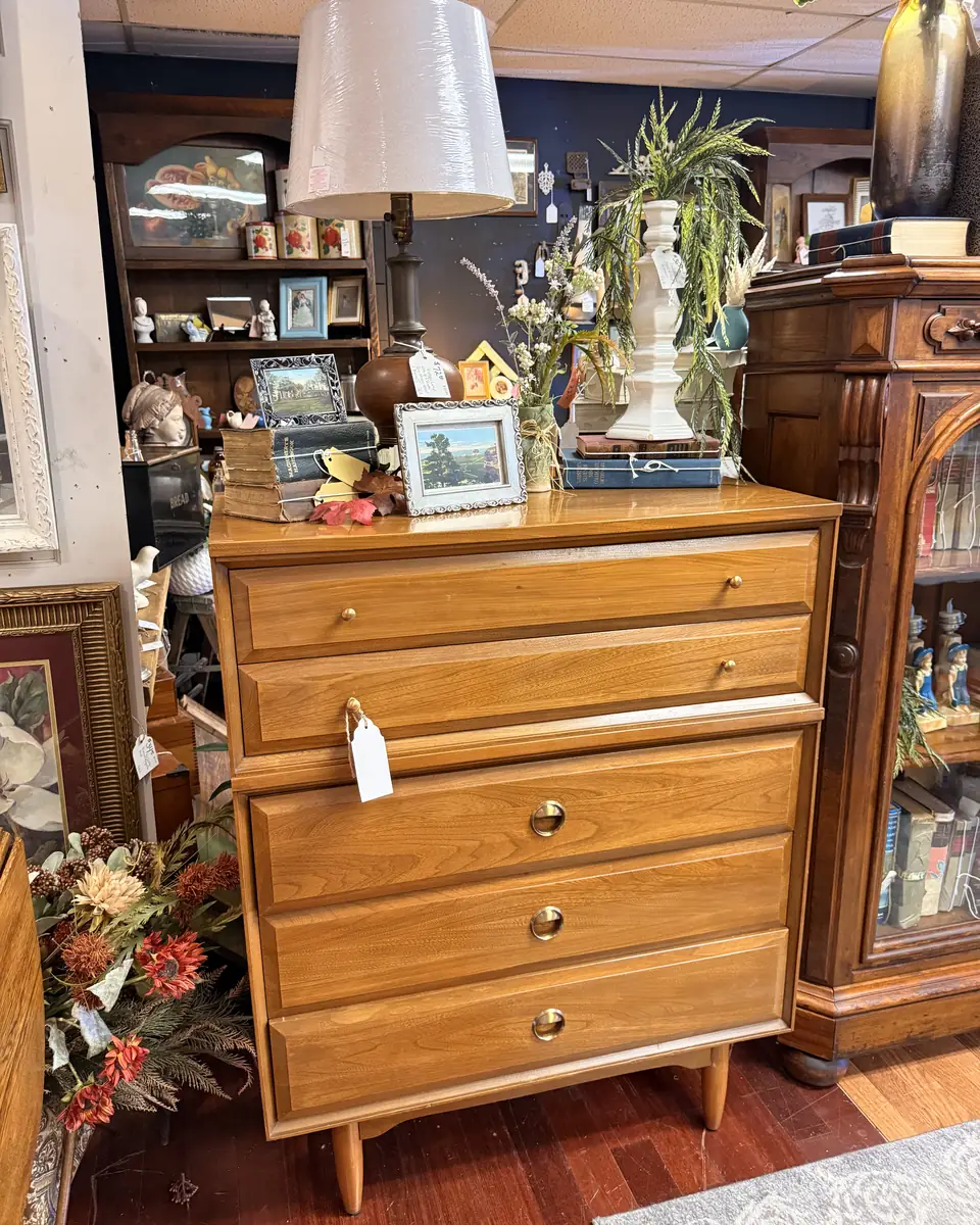 Clean-lined drawer chest with raised legs and round gold-tone pulls at Vintage 72