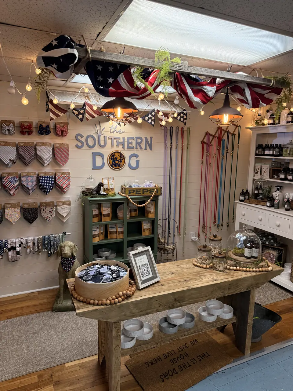 Southern Dog pet boutique display with colorful bandanas, collars, and gifts