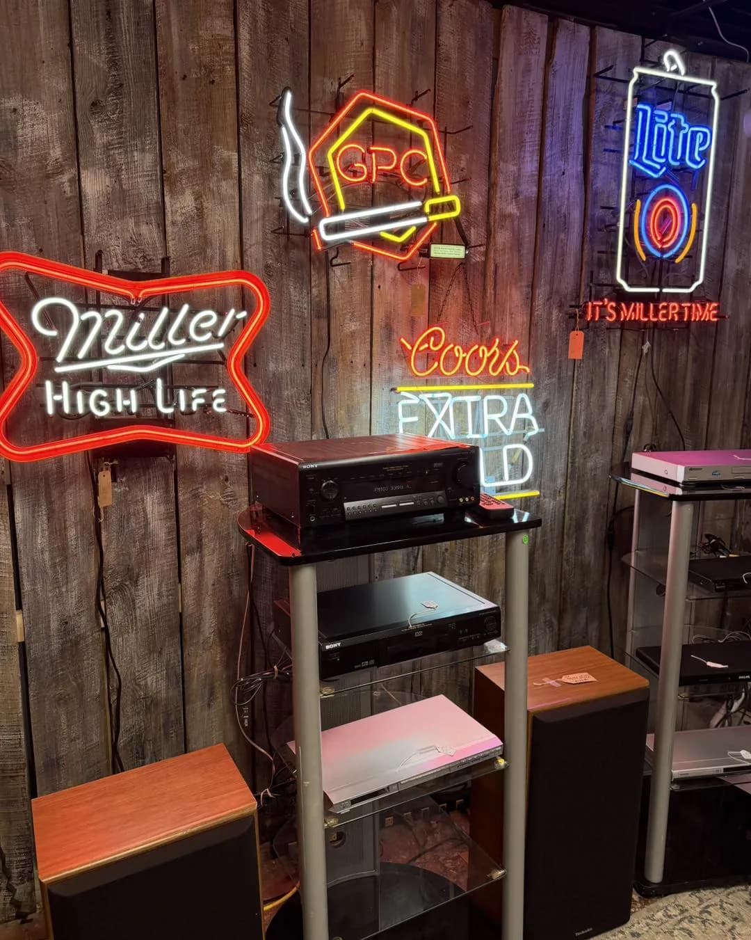 House of Sound neon sign and vintage stereo setup