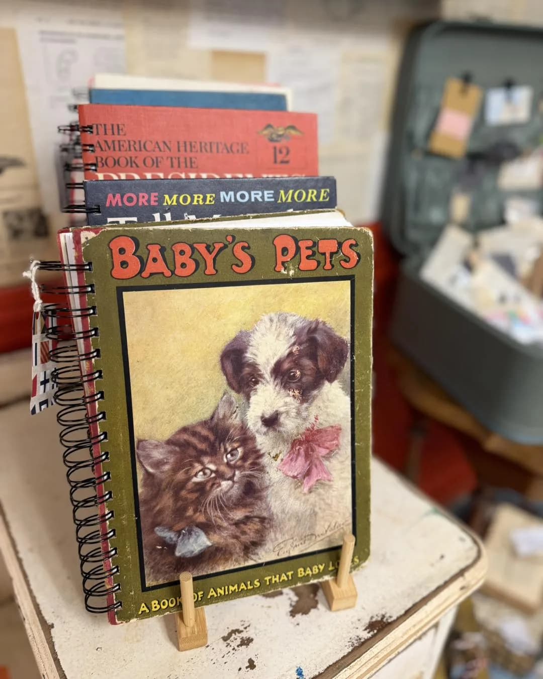 Vintage children's books and pet-themed books on a vendor shelf