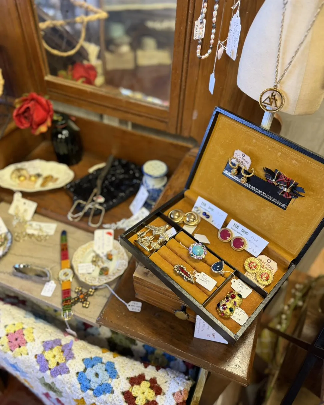 Vintage jewelry box and gift items on display