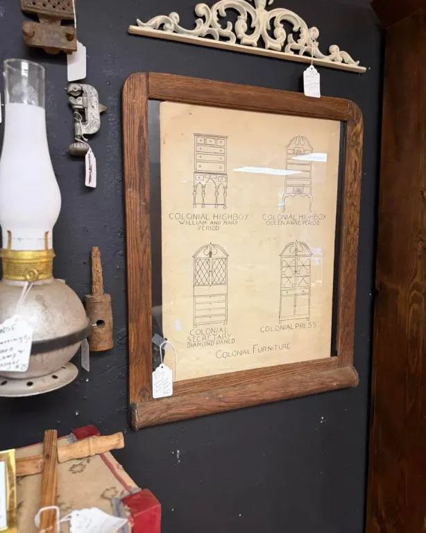 Framed illustrated colonial furniture print displayed at Vintage 72